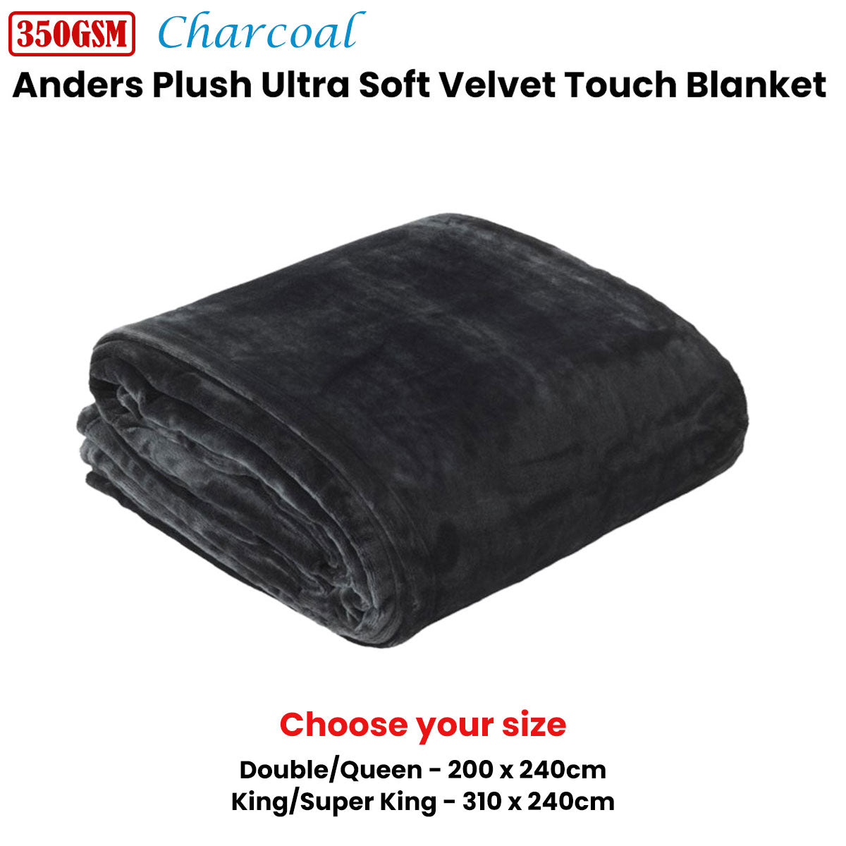 In 2 Linen 350GSM Plush Ultra Soft Velvet Touch Blanket Charcoal Double/Queen