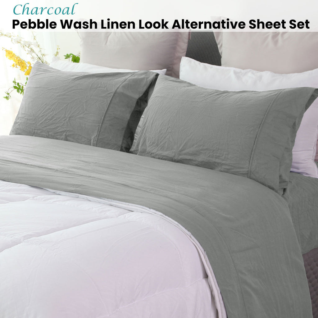 Ramesses Charcoal Pebble Wash Linen Look Alternative Sheet Set Single